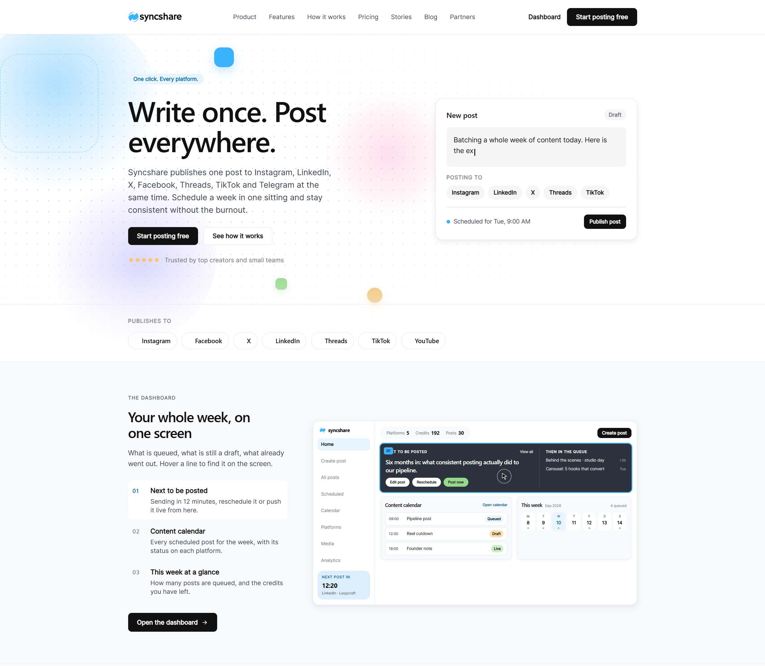 Syncshare homepage showing the post composer and the weekly dashboard